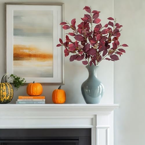 32" Artificial Burgundy Fall Euonymus Leaves Stems with Flower Seeds, 3 Pcs