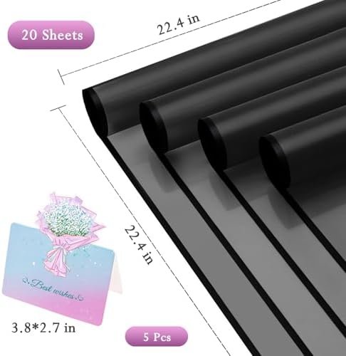 REAXYZNN 20 Sheets Flower Wrapping Paper - Waterproof Black Floral Wrapping Paper for DIY Crafts, Florist Supplies Packaging for Wedding Birthday Gift (Translucent Black)