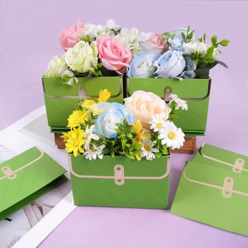 baotongle 6pcs Flower Paper Gift Box Bouquet Storage Bucket Handbag with Metal Chain Flower Boxes for Arrangements Wedding Mother's Day Birthday Bridal Shower (Green)