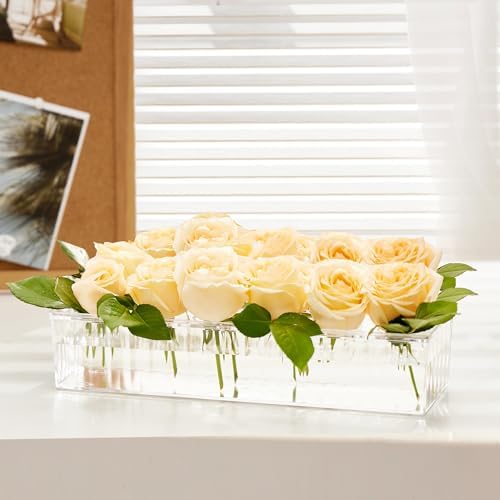 3 Pack Leak-Proof Wave Design Rectangular Flower Vases For Centerpieces - 24" Clear Flower Rectangle Vase as Floral Centerpieces for Tables, Long Flower Vase with 12 Holes as Flower Arrangement Holder