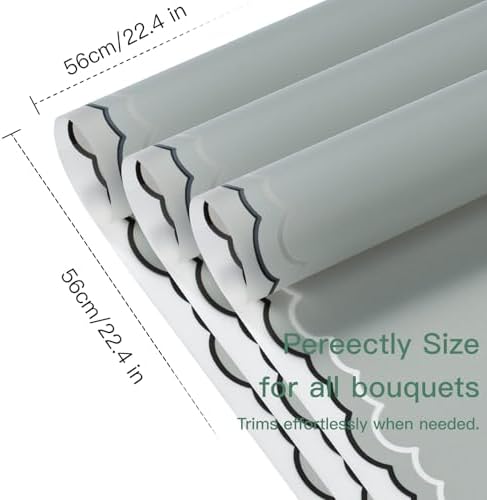 WRAPAHOLIC 20 Sheets Grey Flower Wrapping Paper - 22.4 x 22.4 inch Light Grey and Wavy Edge Design Water-Resistant Floral Bouquet Wrapping Paper, Florist Supplies Packaging for Anniversary and Birthday Gift DIY