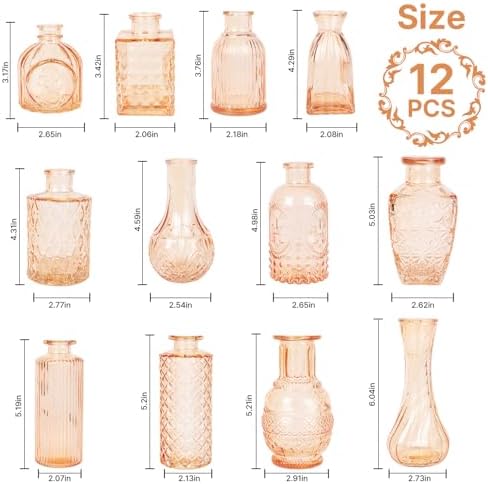 Clear Amber Gold Glass Bud Vase Set of 12 Pcs,Small Bud Vases in Bulk,Glass Crystal Flower Vases Table Centerpieces for Party Event Wedding Decor Baby Shower Decorations (Amber Gold, 12 Pcs)