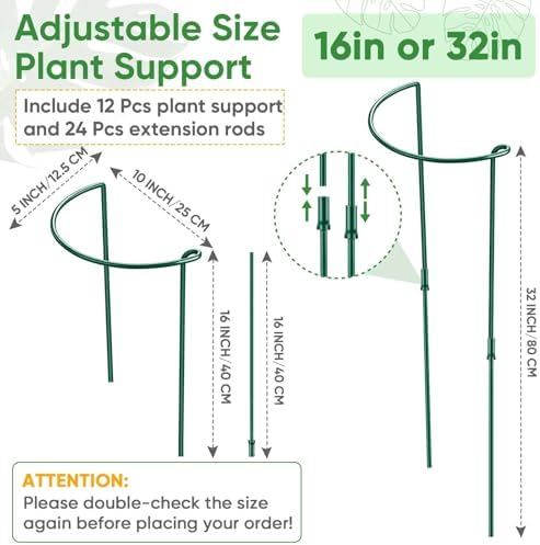 12 Pack 32 or 16 inch Adjustable Plant Support Stakes, Heavy-Duty Half Round Peony Support, Garden Plant Stakes Cage for Outdoor Plants, Peony, Tomato, Hydrangea, (16In Support +16In Extension Tubes)
