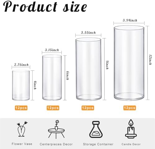 64 Pack Thick Glass Cylinder Vases 4,6,9,12 Inch Tall Clear Flower Vase Hurricane Floating Candle Holder for Table Centerpiece Wedding Home Decor