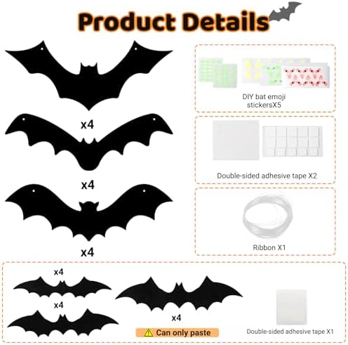 12PCS Hanging Bats Halloween Decoration Outdoor with 3D Mini Bats