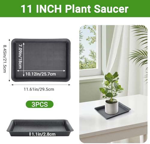 GREANER 3 Packs Plant Tray, 11 Inch Black Seed Starter Tray Rectangular, Heavy Sturdy Plant Saucer for Outdoors and Indoors Use