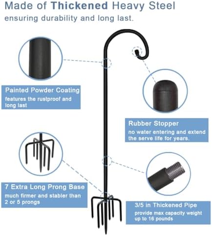 Artigarden 108 inch Outdoor Shepherd Hook with 7 Prong Base (1 Pack), Adjustable Heavy Duty Garden Hanging Stake for Bird Feeder Solar Light Plant Hanger Wedding Decor, Matte Black