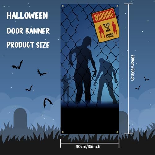 Halloween Door Backdrop Banner Warning Zombies Leave This Area Creepy Devil Go Crazy Terror Theme Scary Halloween Party Decoration Supplies for Women Men 80x35 Inch