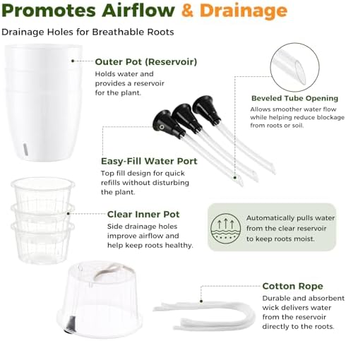 Upgraded Self Watering Pots for Indoor Plants, 6-Pack 6.7 Inch Top-Fill Self Watering Planter with Water Window, Orchid Pots, Clear Wick Inner Basket with Drainage, White