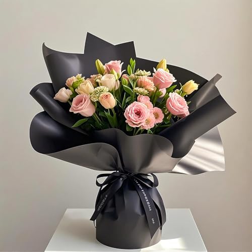 RUSPEPA 20 Sheets Flower Wrapping Paper, Waterproof Floral Bouquet Wrapping Paper, Florist Supplies Packaging for Birthday, Party, Wedding and DIY Crafts - Black