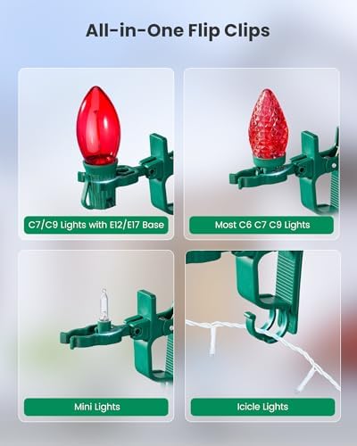 SURAIELEC 100 Pack Gutter Light Clips, C7 C9 Christmas Clips Outdoor, Green