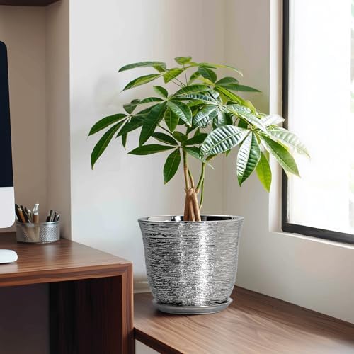 Ceramic Pots for Plants, 8 Inch Plant Pot with Drainage, Silver