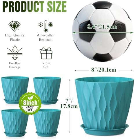 8 Inch Plant Pots 4 Pack Plastic Planters with Drainage & Saucers