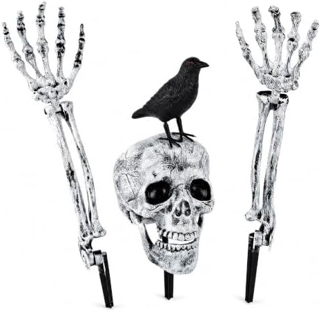 Halloween Yard Stakes Skeleton Decorations – Skull Head with Crow & 2 Skeleton Hands, 4-Piece Outdoor Halloween Decor, Skeleton Bones Ground Stakes for Yard, Lawn, Garden & Graveyard Display