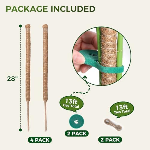4 Pack 28'' Moss Pole Monstera Plant Support, Bendable Plant Stakes Made of Real Coco Coir Support for Climbing Indoor Plants, Tall Moss Stick Trellis for Potted Climbers