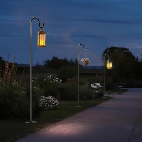 60″ Adjustable Shepherd Hook for Outdoor, Heavy Duty Bird Feeder Pole with 7-Prong Base, Metal Garden Hook for Hanging Lanterns Solar Lights String Lights Plants Wind Chimes Hummingbird Feeder（1‑Pack）