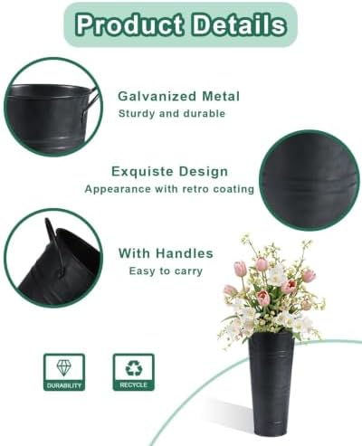 9 Inch Galvanized Flower Bucket, 2 Pack Tabletop Vases for Dried Flowers