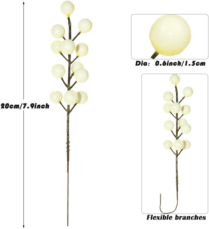 Tinsow Artificial Red Berry Stems Christmas Holly Berry Branches Red Carrion Picks for Holiday Home Decor and Crafts (Ivory, 30)