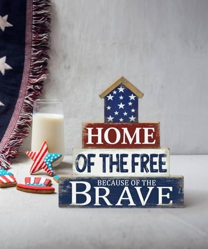 Putuo Decor Fourth of July Table Decorations -Home of The Free Because of The Brave, Wooden Patriotic Desk Decor Sign, Freestanding Centerpiece for Home Office Memories Day Party Supplies