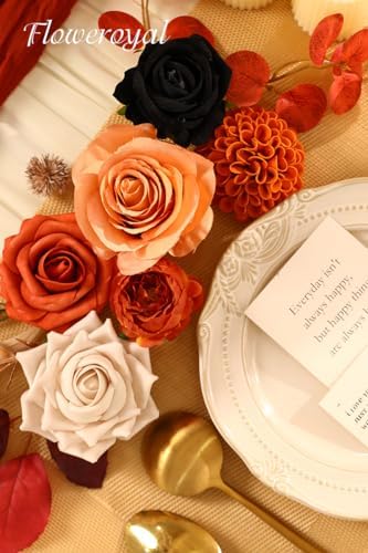 Floweroyal Halloween Artificial Flowers Black Flowers Mix Silk Flowers Fake Roses with Stems for DIY Wedding Bridal Bouquets, Baby Shower, Floral Arrangement, Table Centerpieces, Home Decorations