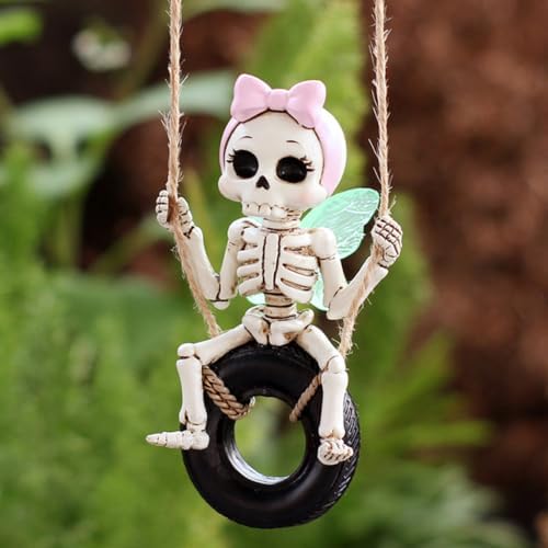Swing Fairy Skeleton Garden Statue with Luminous Wings, 4.21 Inch Cute Small Skeleton Figurine Resin Sculpture Funny Tree Hanging Ornaments for Patio Lawn Yard Outdoor Halloween Decor
