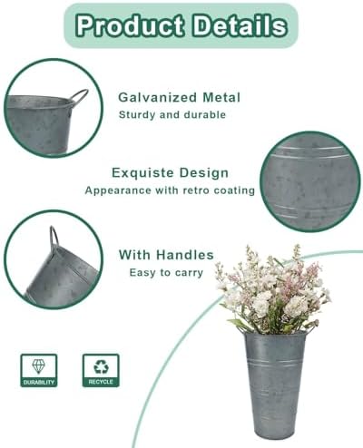 12 Inch Galvanized Metal Vase, 2 Pack Tall Flower Buckets with Handles
