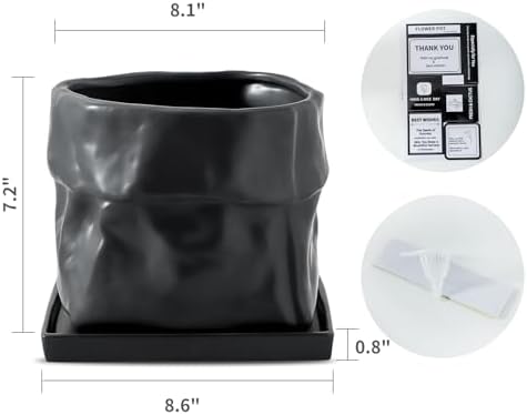 Nihow 8 Inch Ceramic Plant Pot with Drainage & Square Saucer,Black