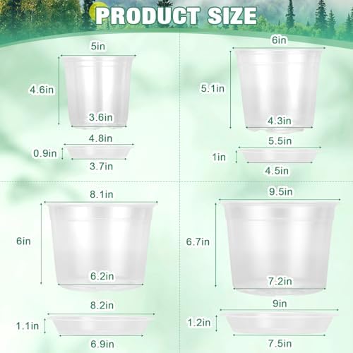 RAOOKIF 10/8/6/5 Inch Clear Nursery Pots with Drainage Hole and Saucers, 12 Pack Large Nursery Pots for Plants for Indoor Outdoor, Plastic Clear Plant Pots for Flowers, Succulents, Vegetables