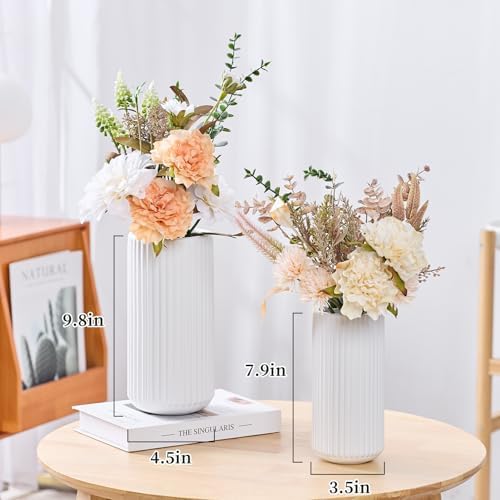 White Ceramic Flower Vase for Pampas Grass, 10 inch Large Decorative Centerpiece Ribbed Vase for Dining Table, Office Desktop, Shelf Bookshelf, Mantel, Entryway, Bathroom, Countertop, Farmhouse, Gift