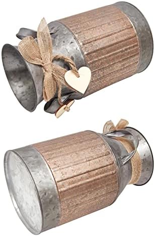 Shabby Chic Classy Designed Brown Milk Can Heart-Shaped Galvanized Finish Metal Vase Country Rustic Primitive Decorative Flower Holder, 8.8" H