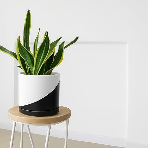 D'vine Dev 10 Inch Ceramic Planter Pot, Black White Diagonal, 94-O-E-K