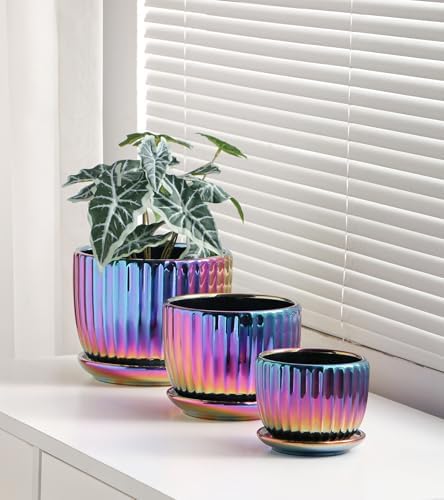 Ceramic Planters,Plant Pots with Drainage Holes & Saucers Set of 3(Purple)
