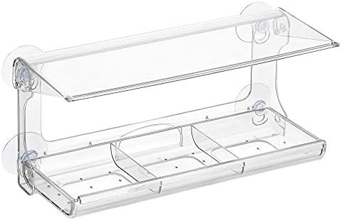 D.F. Omer Window Bird Feeder with 3 Section Tray and Roof Cover, Weatherproof Outdoor Suction Cup Hanger Acrylic Plastic Bird Feeder , Clear