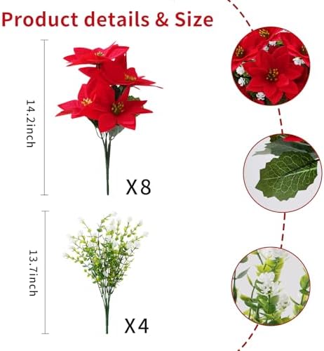 Christmas Artificial Flowers for Outdoors 12PC Poinsettia Flowers