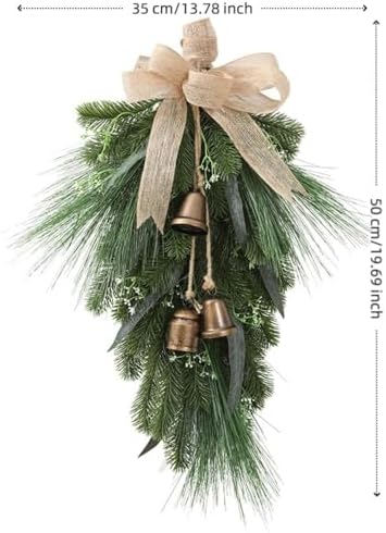 Artificial Christmas Swag with Bells and Bow, 20 Inch Norfolk Pine Teardrop Garland, Christmas Pine Needle Wreath for Door Window Mantle Fireplace Wall Indoor Outdoor Home Decor (Green)