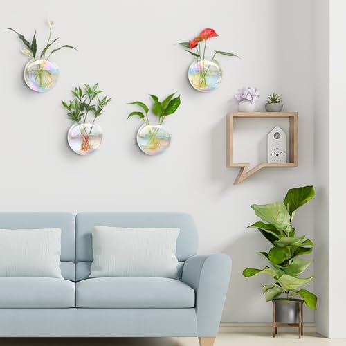 Kingbuy Wall Hanging Glass Planters Propagation Station - 4 Pack Iridescent Oblate Globe Flower Vases for Air Plants, Glass Terrariums with Floating Holders, Boho Indoor Hydroponic Home Office Decor