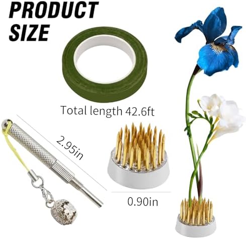 16pcs Flower Floral Frog Round Holder Includes 12pcs D23 Copper Pin Arranger+2pcs Kensan Copper Pin Arranger+1*Roll of 42.65ft Tape+1*Silver Corrector with Bell