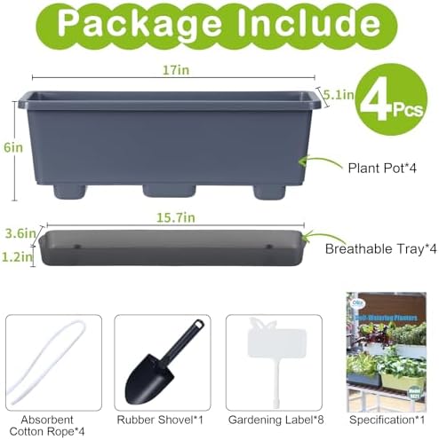 Window Box Planter 4 Packs, 17 Inches Rectangle Flower Pots with Drainage Holes & Trays, Pots for Vegetables, Herbs, Flowers, Garden Windowsill Balcony (Grey, 17 * 5.1 * 6 inch)
