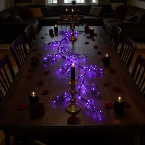 HipTree 6FT Halloween Lighted Black Vine Garland Orange Purple Lights