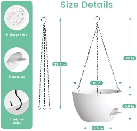 UOUZ 13 Inch 2 Pack Large Self Watering Hanging Planters for Indoor Outdoor Plants, Hanging Plant Pots with Removable 50 Oz Reservoir, Plastic Hanging Basket for Window Porch Garden, White