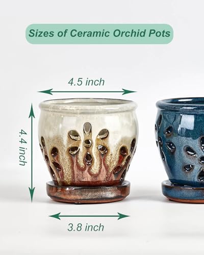 vensovo 2 Pack 4 inch Orchid Pots with Holes and Saucers, Blue and Brown