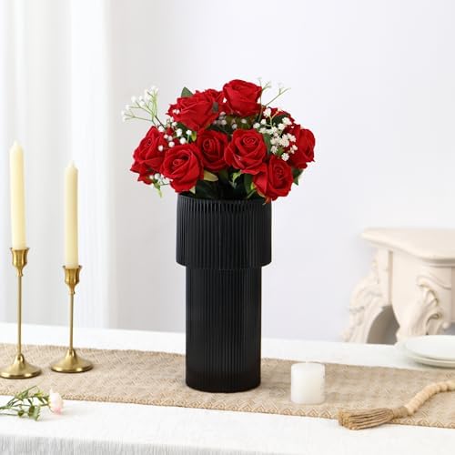 Black Glass Vase, 12 Inches Tall Vase for Flowers, Large Flower Vases for Bouquet, Modern Black Glass Vases for Living Room, Dining Table, Office, Entryway, Mantle, Shelf, Wedding Gifts