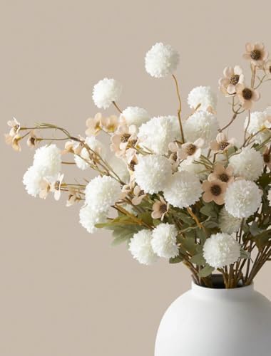Laelfe Artificial Kiku Flower White - 5 Pcs Fake Pompon Mums Silk Small Chrysanthemum Faux Ball Fall Flower Stem Decor for Autumn Wedding Filler DIY Bouquet Centerpieces Arrangements Shower