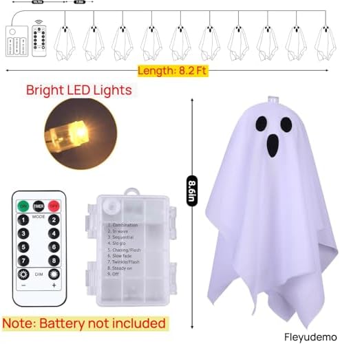 Halloween Ghost String Lights, 8.2FT 10 LED – Battery Operated with Timer, 8 Lighting Modes, Waterproof for Indoor/Outdoor, Light Up Ghost Garland, Perfect for Porch, Window, Party or Haunted House