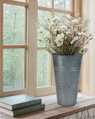 12 Inch Galvanized Metal Vase, 2 Pack Tall Flower Buckets with Handles