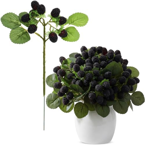 Hoteam 5 Pcs Artificial Raspberries Stems 11 Inch with Leaves, Black