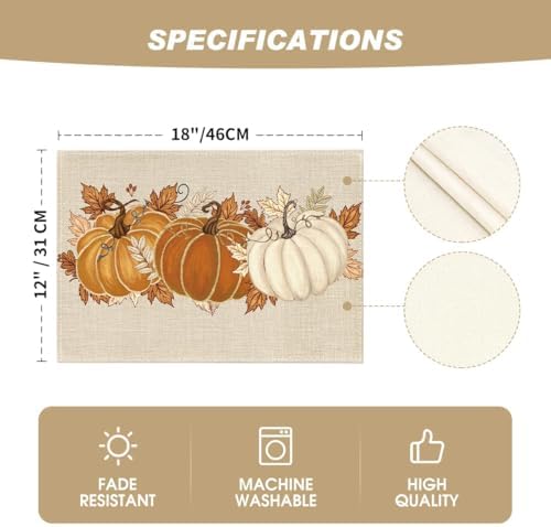Artoid Mode Orange Pumpkin Leaves Fall Placemats Set of 4-12 x 18 Inch