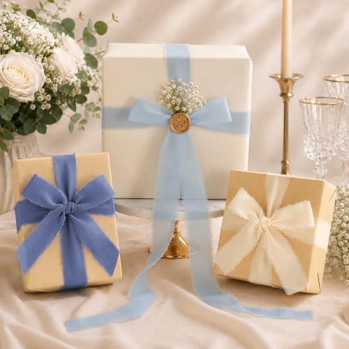 DORIS HOME Handmade Frayed Fringe Chiffon Ribbon 1" x 21Yd Blue & Ivory