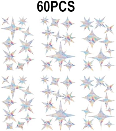 60 Pcs Star Window Decals to Prevent Bird Strikes - Anti-Collision Window Stickers for Birds, Rainbow Vinyl Suncatcher Stickers, Reusable Static Clings for Bird Window Deterrent, No Glue Needed