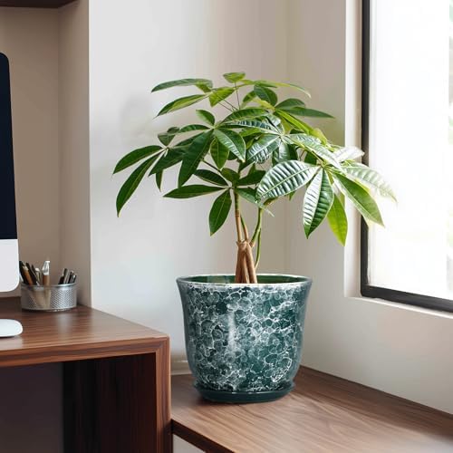 8 Inch Plant Pot - Ceramic Planter with Drainage Hole and Saucer, Round Planter for Indoor Outdoor, Modern Planters, Decorative Flower Pots, Office Room Home Decor, Plant Lover Gifts, Green